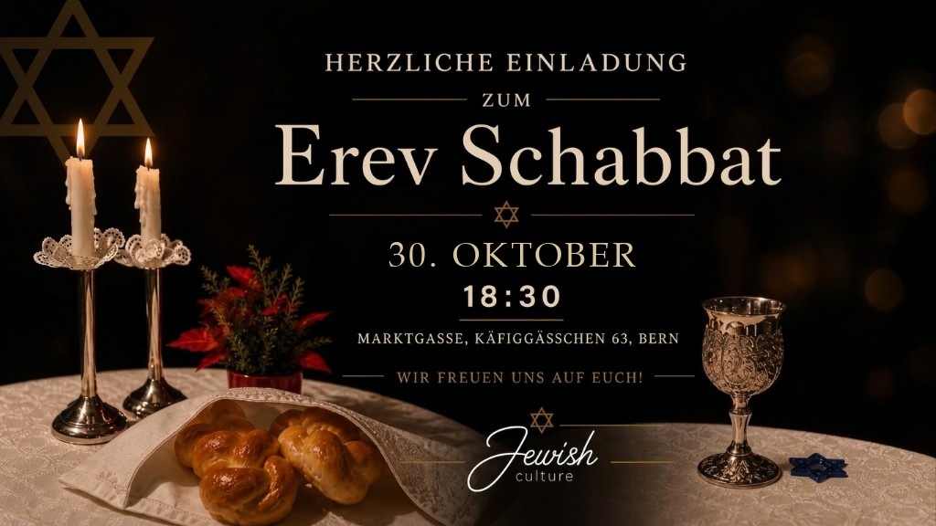 Einladungsbanner zum Erev Schabbat am 30. Oktober mit Kerzen, Challa und Kidduschbecher