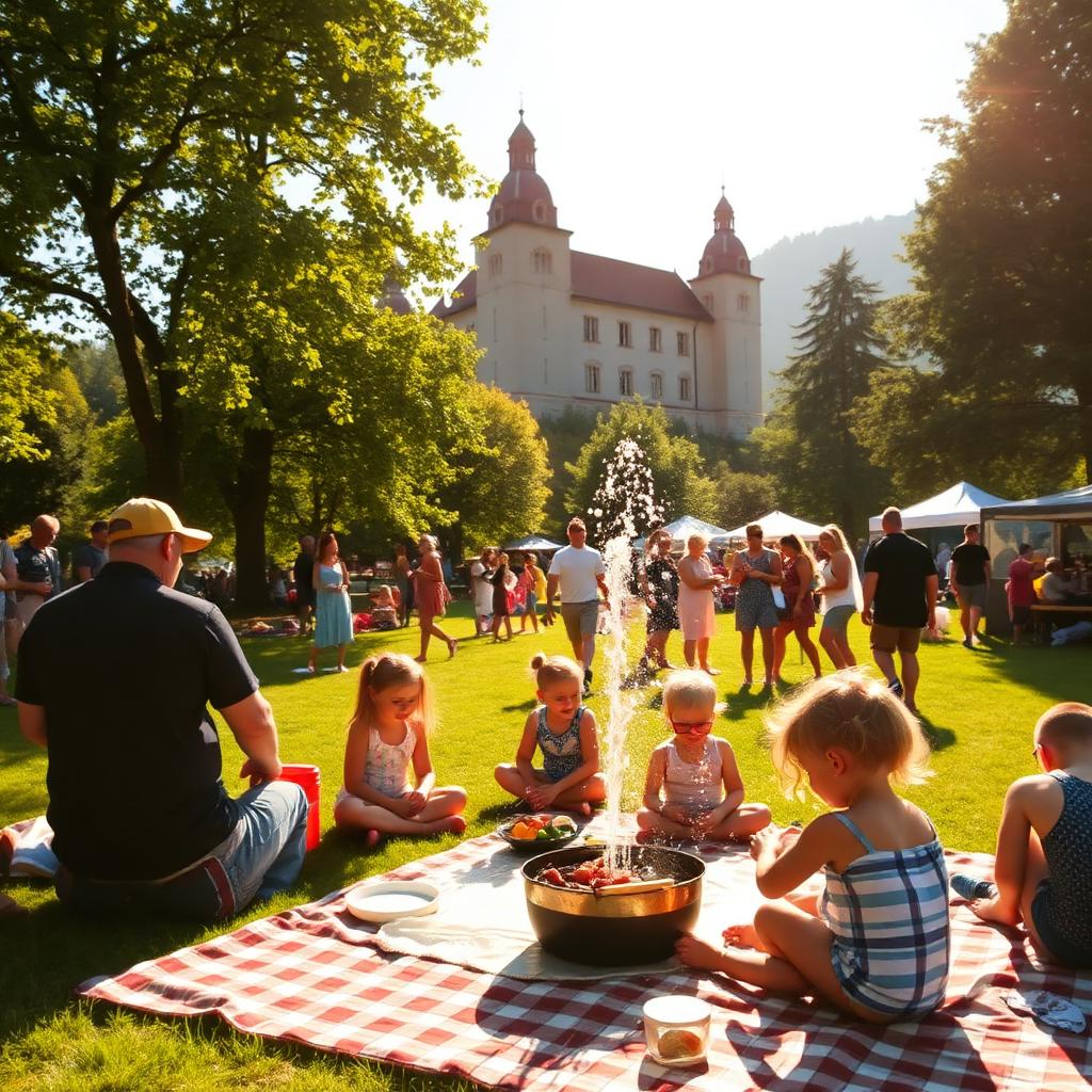 Sunny community summer festival in a green park by a Swiss castle with families, picnic and water games