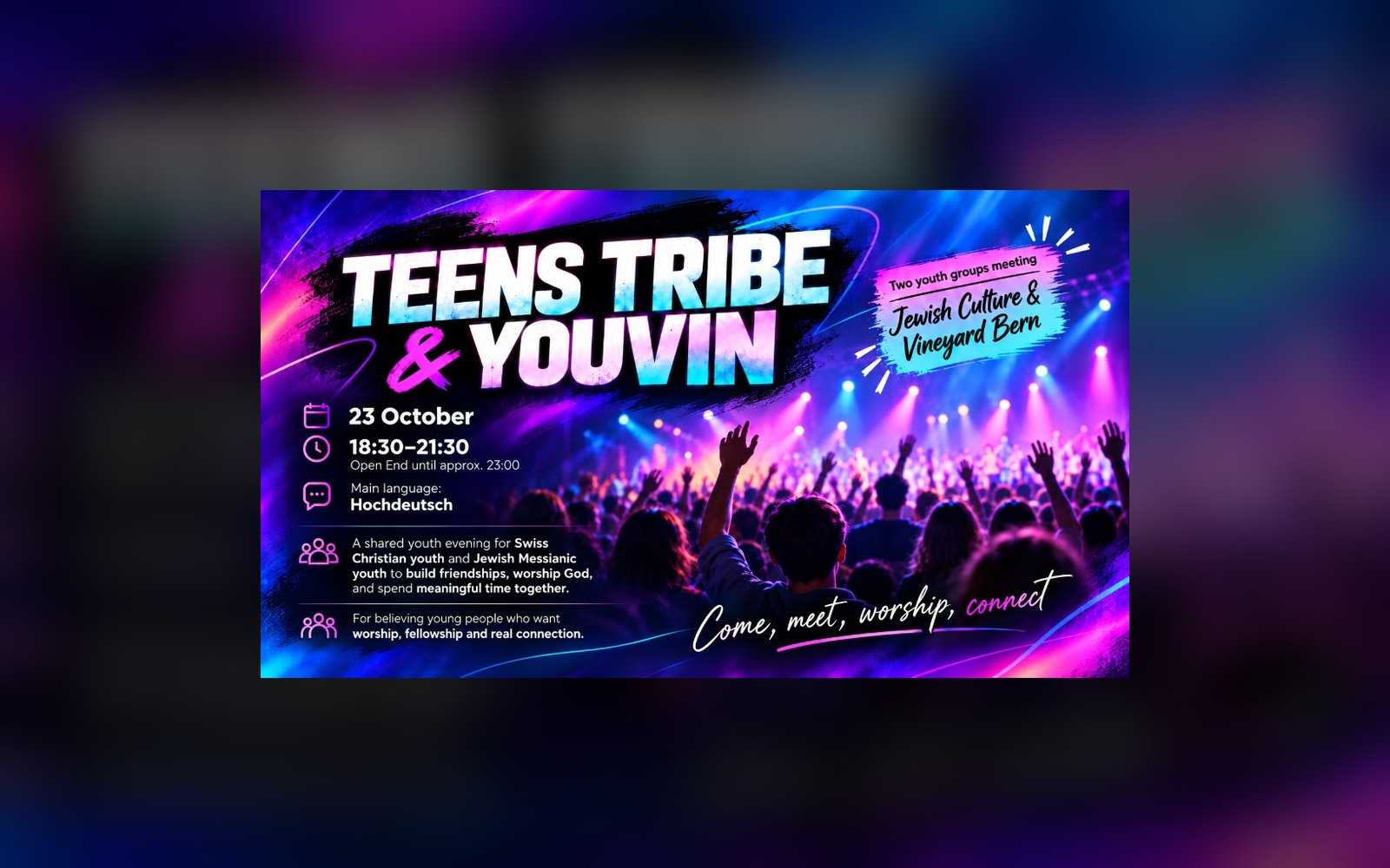 Neonblaues und magentafarbenes Teens-Tribe-und-Youvin-Plakat mit einer Jugend-Lobpreisgruppe sowie Datum und Programmangaben
