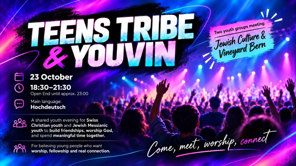 Neon blue and magenta Teens Tribe and Youvin poster with a youth worship crowd, date and programme details
